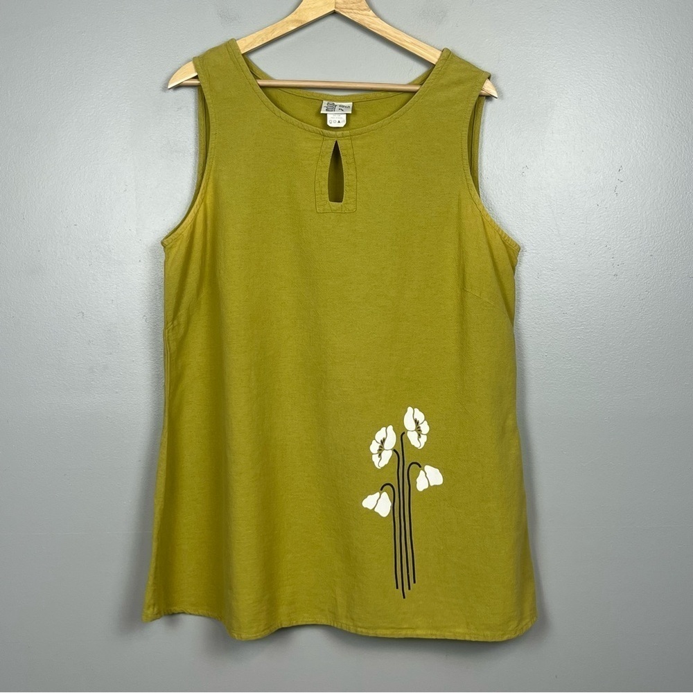 Indigo Artwear moss green 100% cotton flower graphic sleeveless tunic top, XL.